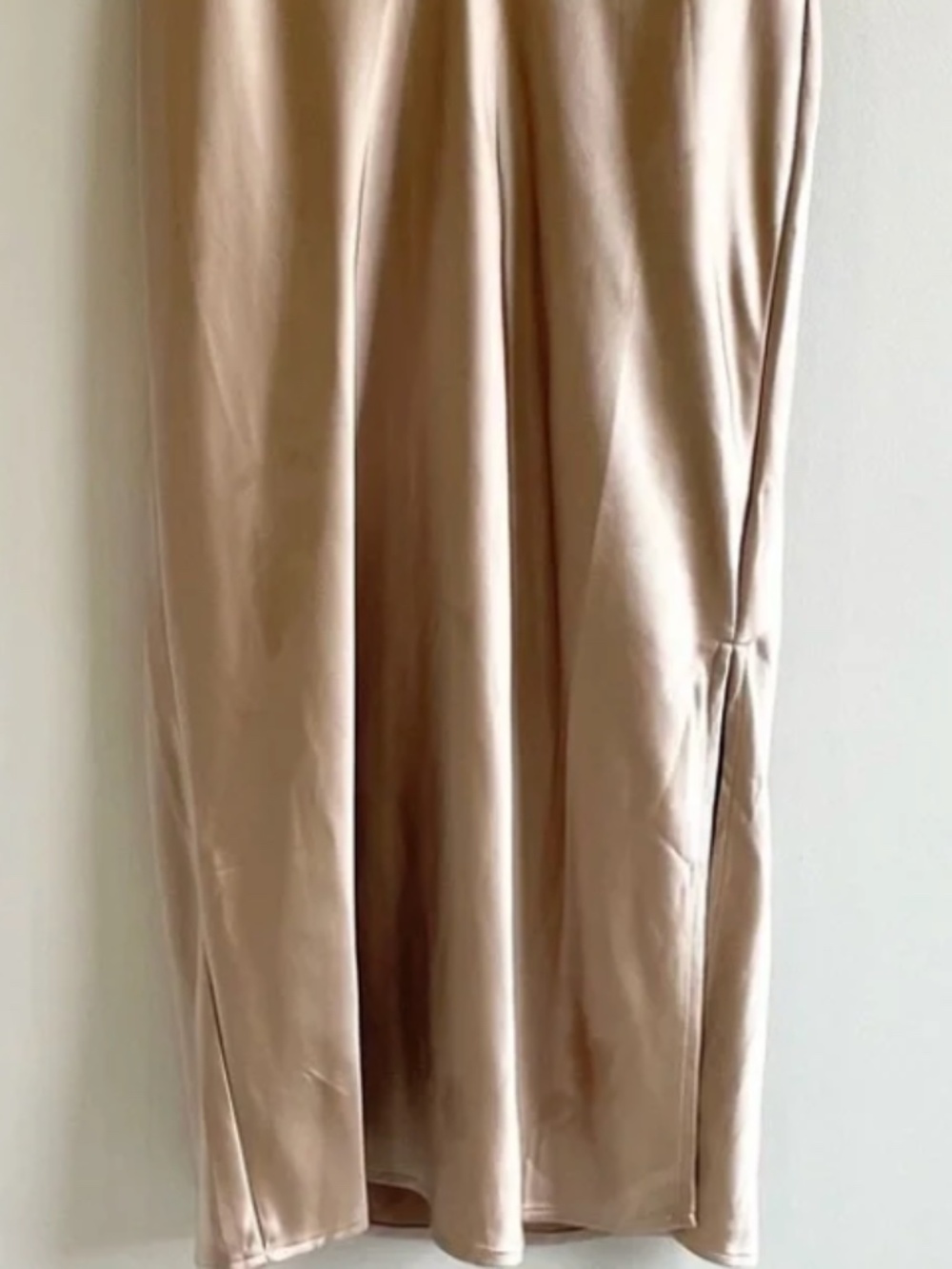 Champagne satin midi skirt w side slit